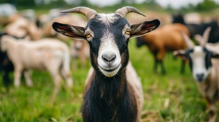 Obraz premium Closeup Portrait of a Black And White Goat in a Lush Green Field