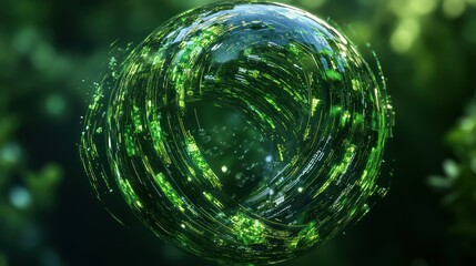 A swirling orb of vibrant green energy amidst a lush natural background, evoking tranquility