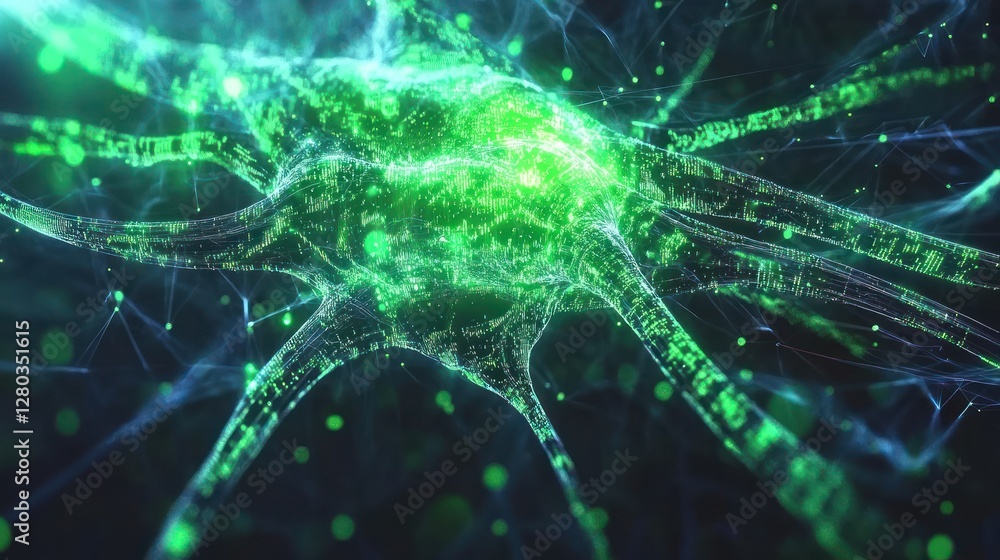 Poster close-up view of a glowing neuron with vibrant green hues, surrounded by sparkling particles in a da