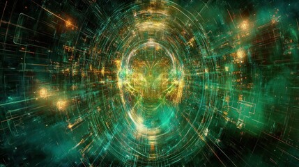 Abstract digital visualization of a human-like face surrounded by vibrant energy patterns