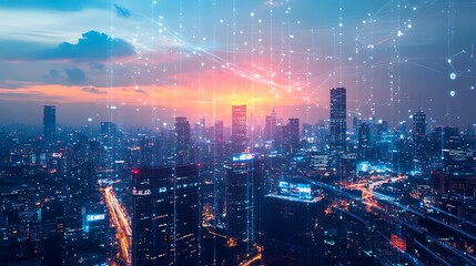 Fototapeta premium Connected Cityscape: A Nighttime Metropolis Illuminated by Technology