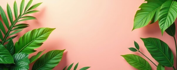 Peach background, lush green leaves, vibrant plants, plants, organic