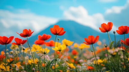Vibrant Poppy Field with Mountain backdrop