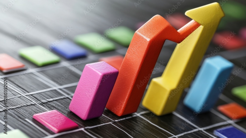 Poster colorful geometric blocks representing growth on a graph with a blurred background of data points