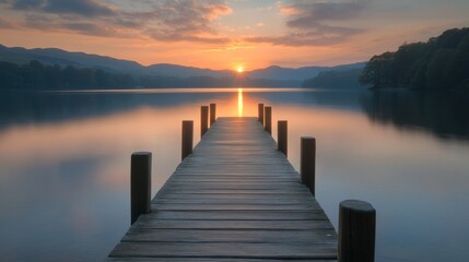 Fototapeta premium Serene Sunset over Lake and Mountains: A Wooden Pier Beckons