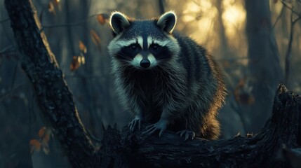 Obraz premium Raccoon in a Dark Forest at Dusk