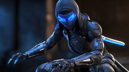 Futuristic stealth character in a dark setting, poised for action with glowing elements, ready to engage
