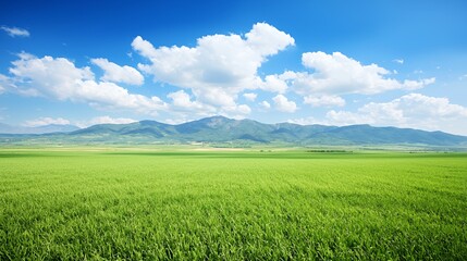 Obraz premium Bright Sunny Day Landscape with Lush Green Field and Distant Mountains