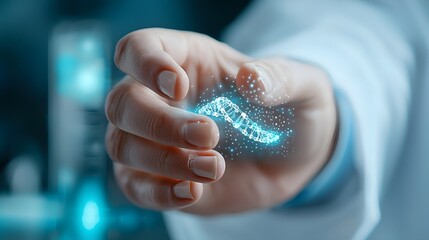 Doctor Holding Glowing Holographic DNA Strand in Futuristic Medical Laboratory