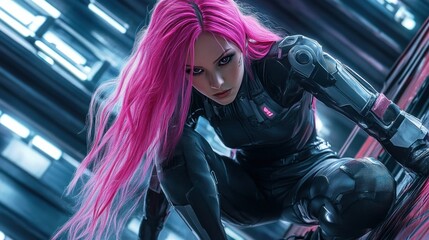 Naklejka premium Futuristic character with pink hair in a high-tech environment, poised for action amidst glowing structures