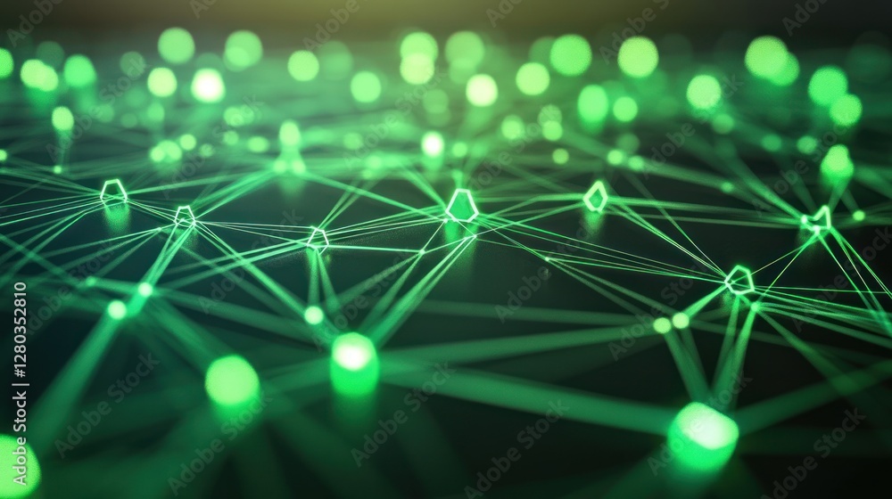 Poster abstract representation of interconnected green nodes and lines symbolizing digital networks