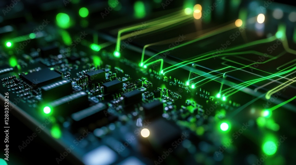 Poster close-up view of a circuit board with glowing components and data flow, showcasing technology