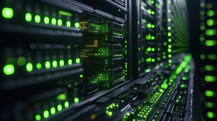 Fototapeta premium Close-up view of illuminated server racks showcasing data processing and storage technology