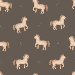 Seamless pattern with cartoon animal and grass. Hand drawn illustration of beige brown cute horse on isolated background. Minimalist scandinavian repeat pattern. Rural farm animals.