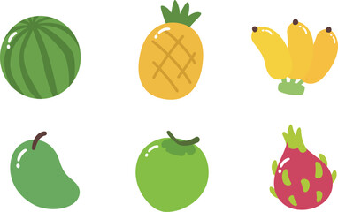 Group of fruits - watermelon, pineapple, banana, mango, coconut, and dragon fruit in cute jelly style.