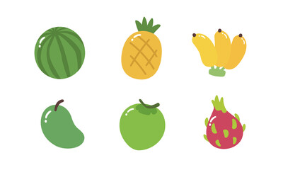 Group of fruits - watermelon, pineapple, banana, mango, coconut, and dragon fruit in cute jelly style.