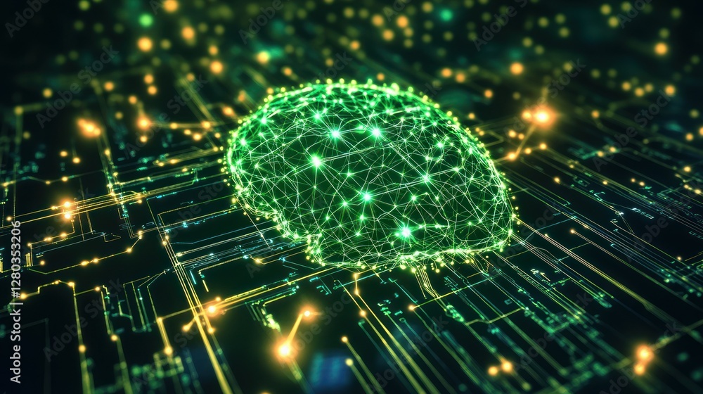 Poster abstract visualization of a brain made of glowing lines on a circuit board background