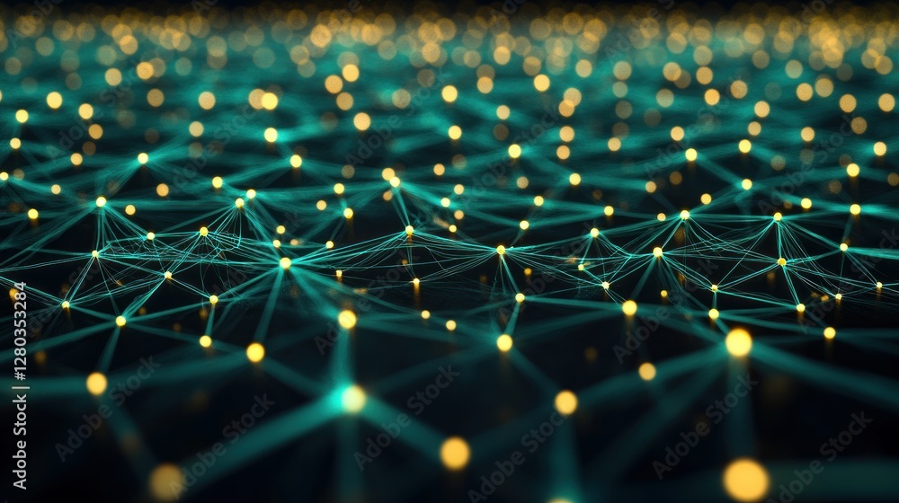 Poster abstract representation of interconnected nodes and glowing points in a digital network landscape