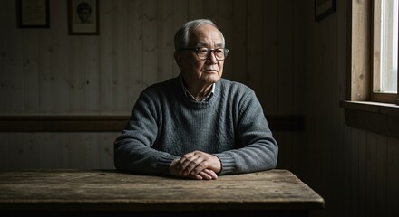 Fototapeta premium Elderly Man Sitting by a Window in a Dimly Lit Wooden Room, Deep in Thought.