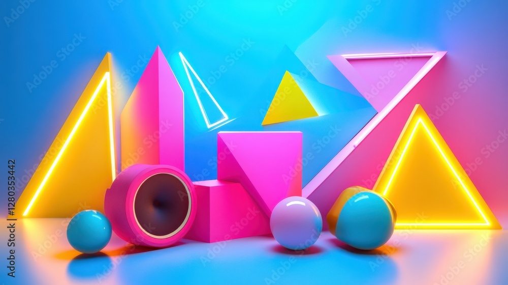 Poster vibrant geometric shapes and colorful lighting create a dynamic abstract scene for creative use