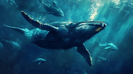 Obraz premium Pixelated Whale Swimming Underwater in a Dark Blue Ocean