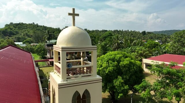 Spanish Colonial Era Church Dome, Philippines: Cross, Red Roof, Village, Tropical Landscape