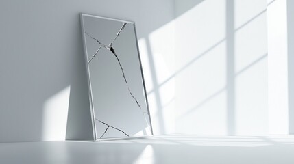 Large mirror hanging on the wall in a room with white walls and floor. the mirror is rectangular in shape and has a white frame.