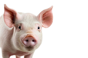 Close-up portrait of a curious young pig with pink ears and snout on transparent background