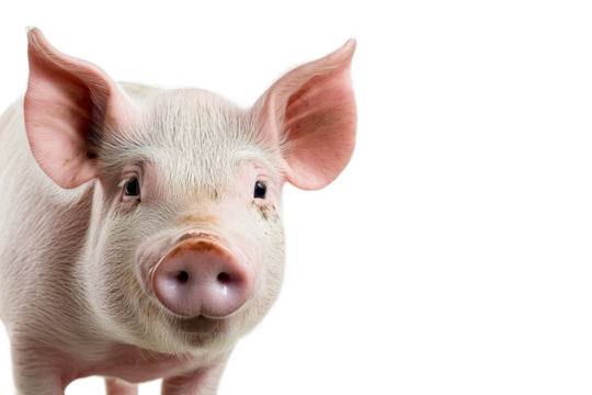 Close-up portrait of a curious young pig with pink ears and snout on transparent background