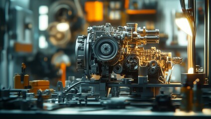 Engine component assembly in a modern workshop