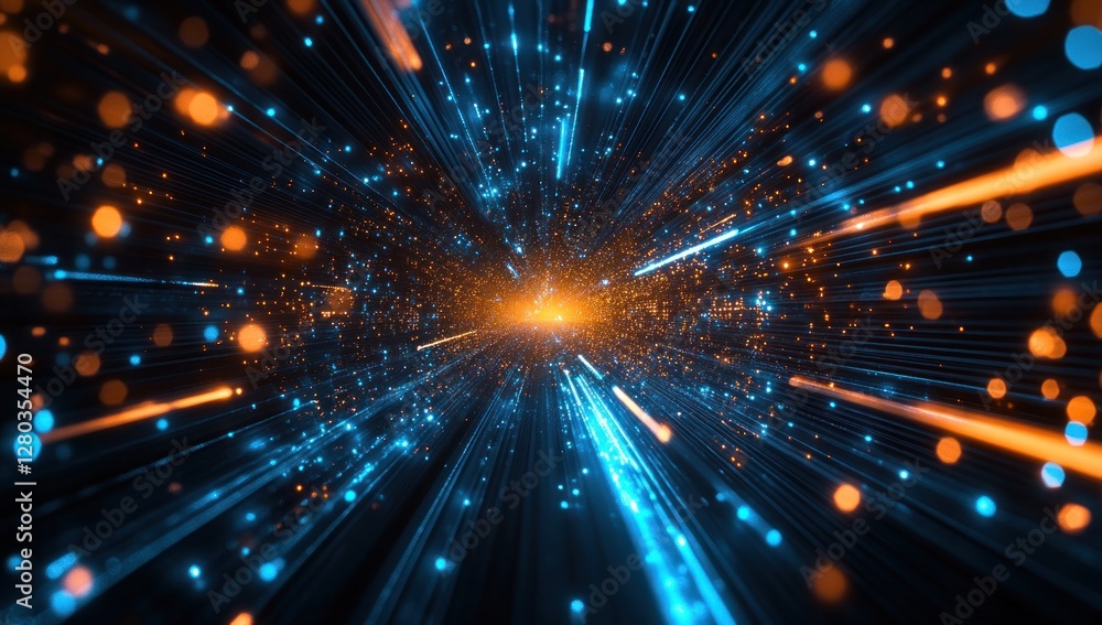 Poster abstract light streaks and particles radiating from a central point, creating a sense of speed and e