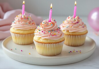 Delightful Cupcakes with Pink Frosting and Candles for Celebrating Birthdays or Special Occasions, Decorated with Colorful Sprinkles on a Plate
