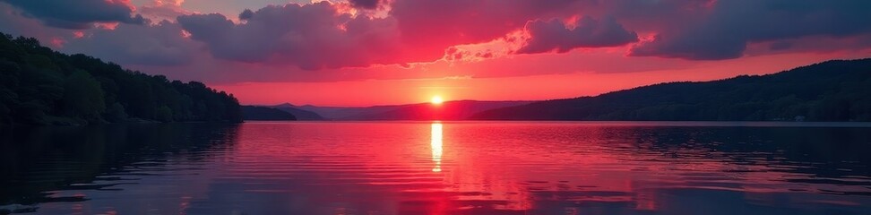 Crimson sun dips below rippling lake surface, NY State , Catskills, ripple