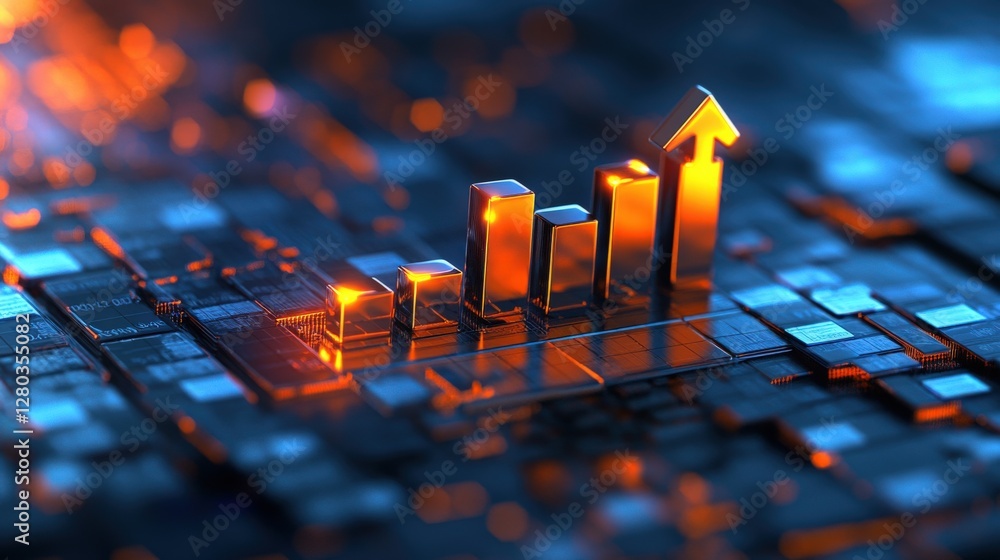 Poster abstract representation of rising data trends with glowing bars on a digital circuit background