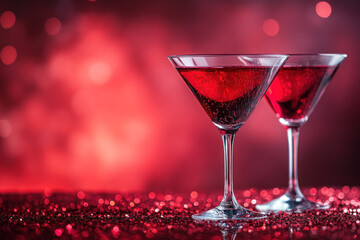 Two martinis with red liquid on a table against a vibrant red background.