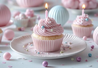 Delightful pink frosted cupcake with candy sprinkles and a birthday candle on an elegant plate, surrounded by pastel decorations and soft lighting