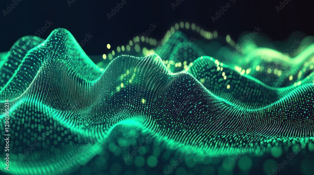 Poster abstract representation of digital waves with glowing particles in a dark background