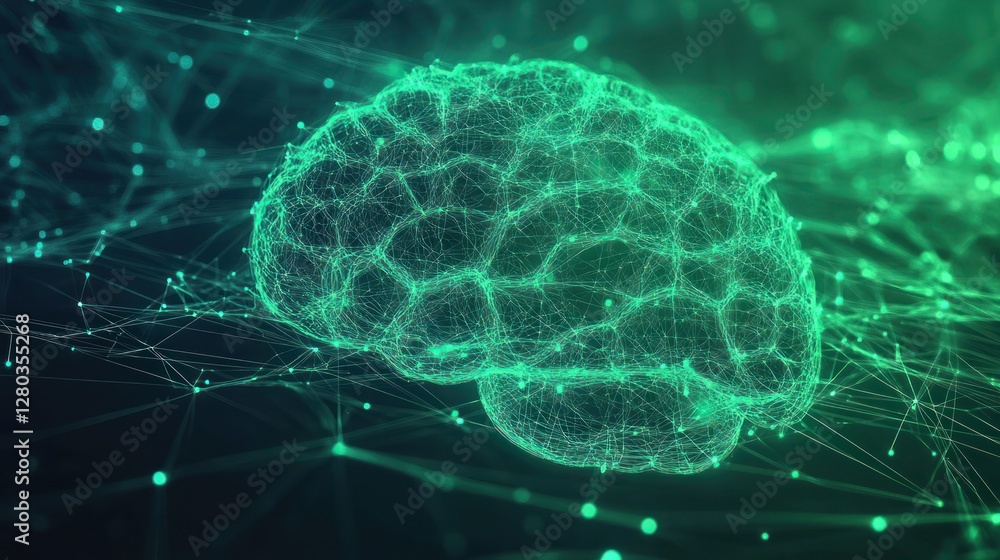 Poster abstract representation of a glowing brain amidst a network of interconnected lines and dots
