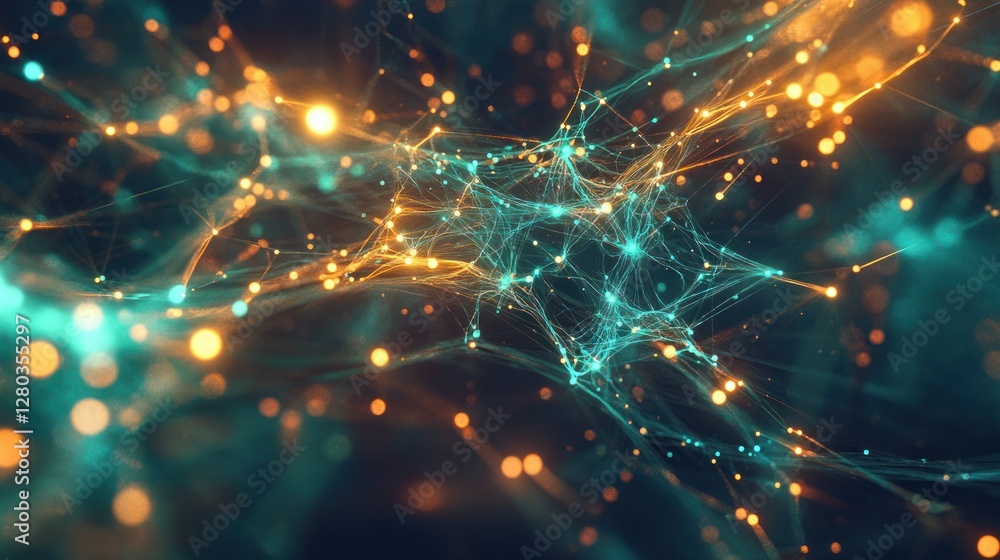 Poster abstract representation of interconnected glowing particles in a dark space, evoking a sense of tech