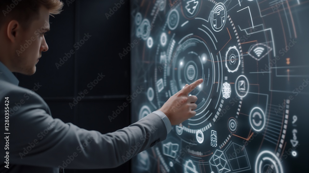 Poster a businessman interacting with a futuristic holographic interface displaying interconnected gears an