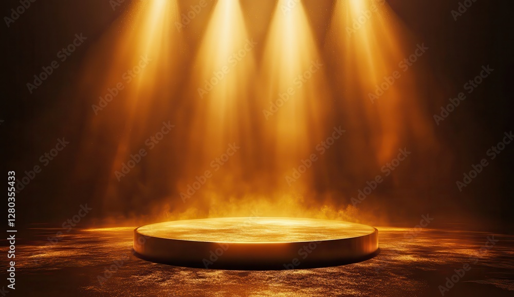 Poster dramatic spotlight illuminating a circular stage with a hazy atmosphere creating an enticing scene f