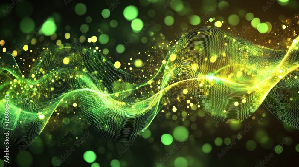 Poster abstract wave pattern with glowing green and yellow particles creating a dynamic visual effect