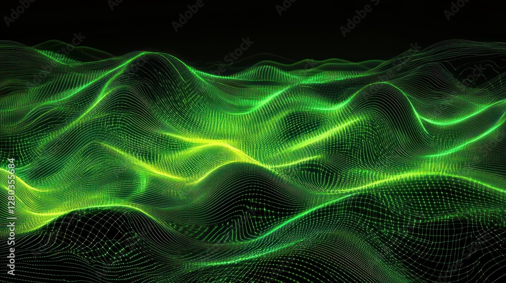 Poster abstract green wave patterns creating a digital landscape with flowing lines and depth
