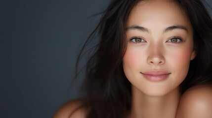 Obraz premium Close-up portrait of a young woman's face. she has long dark hair that is styled in loose waves and falls over her shoulders. her eyes are looking directly at the camera with a slight smile.