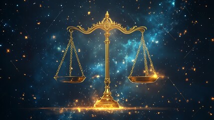 Cosmic Balance: A Golden Scale Against a Starry Night