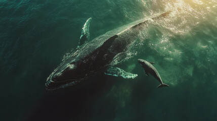 A big whale with her baby on ocean, with sunlight filtering through the water 