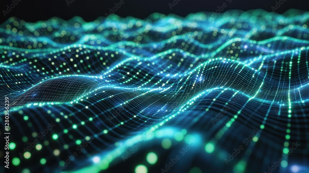 Poster abstract representation of digital waves with glowing dots, creating a futuristic ambiance