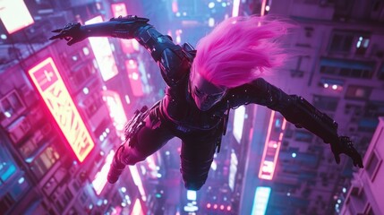 Futuristic cyberpunk character with pink hair diving through neon-lit cityscape at night