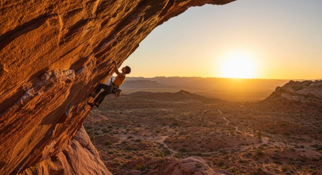Rock climber ascending colorful canyon formation during golden hour