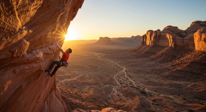 Rock climber ascending colorful canyon formation during golden hour
